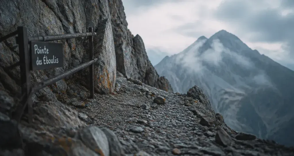 Cirque de la solitude GR20 : sentier d’éboulis et paroi rocheuse