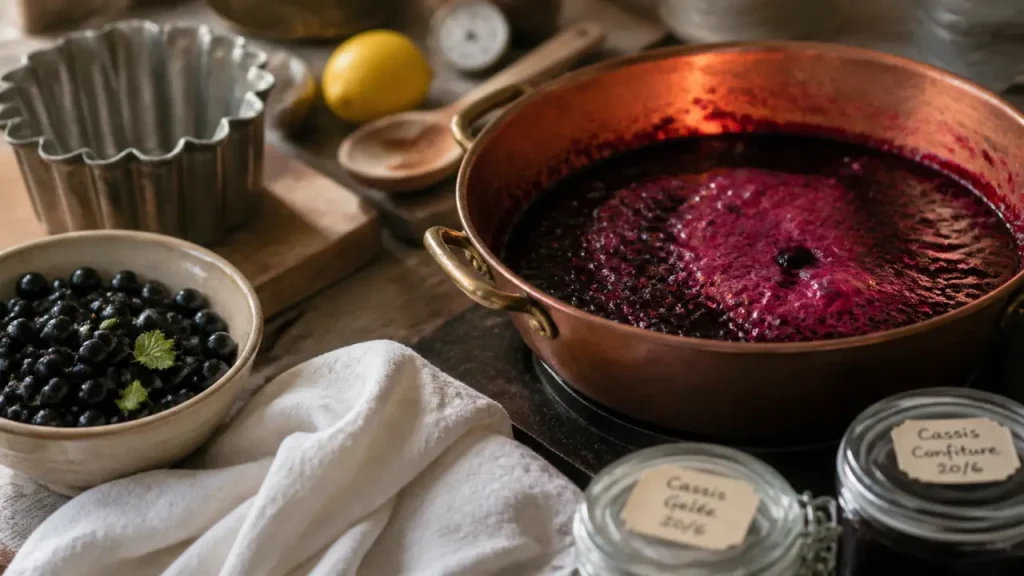 Confiture de cassis sans gélifiant en ébullition dans une bassine cuivre