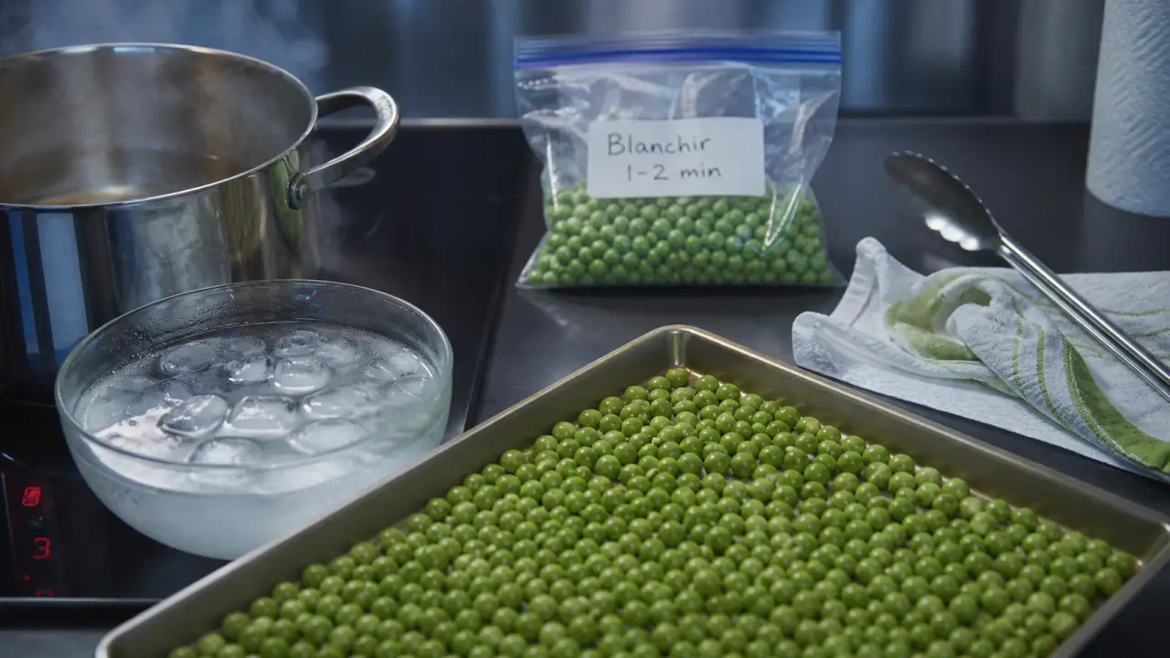 Congélation de petits pois frais : blanchir 1-2 min pour couleur et texture