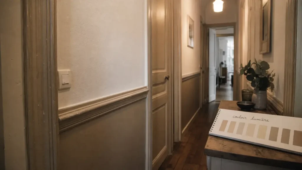 Couleur peinture pour couloir : blanc cassé et taupe doux, couloir étroit éclairé