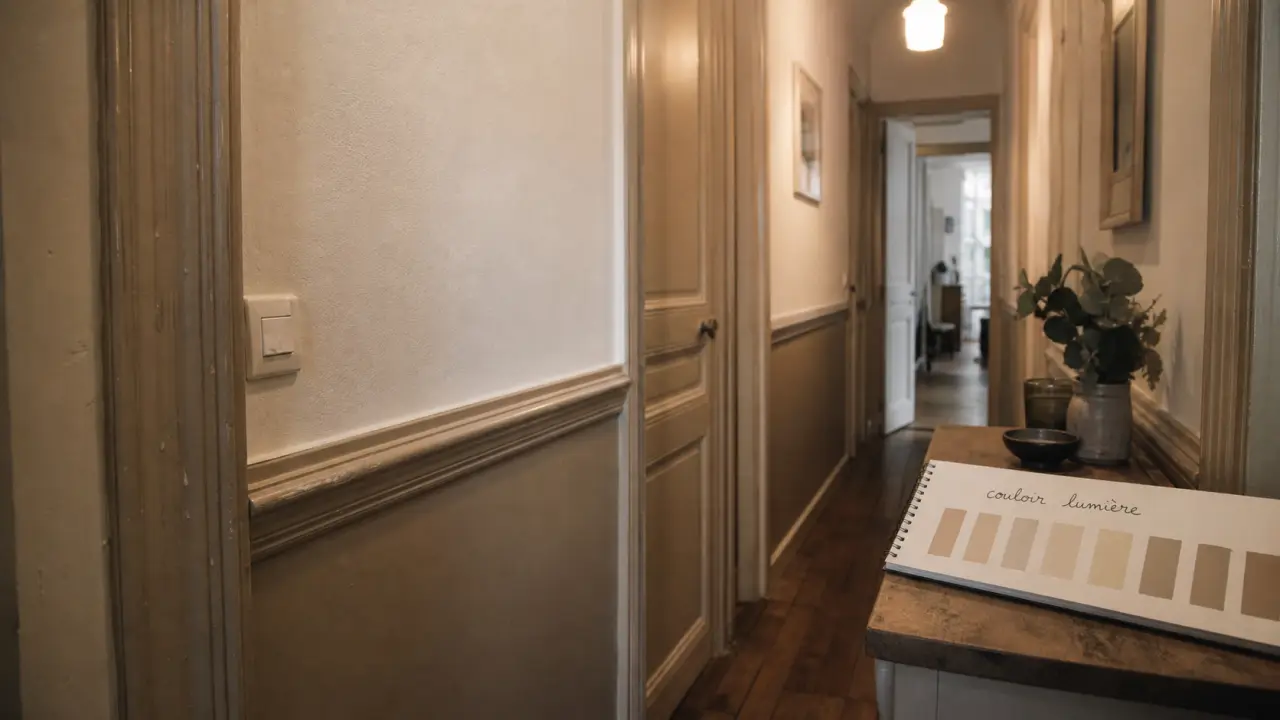 Couleur peinture pour couloir : blanc cassé et taupe doux, couloir étroit éclairé
