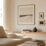 Décorer mur blanc avec grands cadres et étagère flottante, salon lumineux
