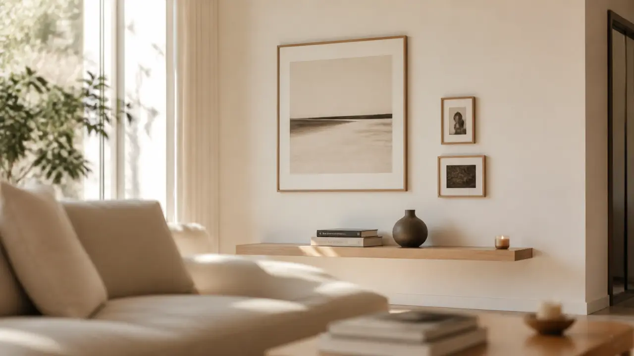 Décorer mur blanc avec grands cadres et étagère flottante, salon lumineux