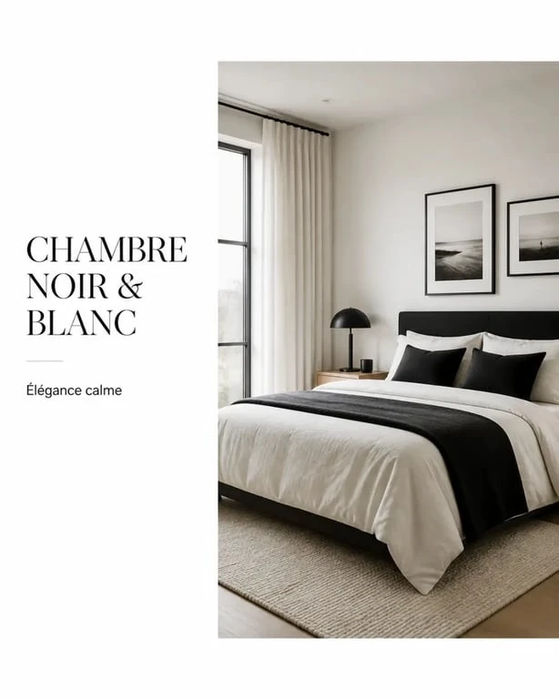 Chambre noir et blanc élégante avec lit blanc, accents noirs et matières naturelles