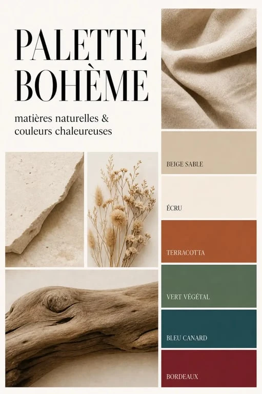 Couleur boheme : palette de beige sable, terracotta, vert végétal, bleu canard et bordeaux dans une composition éditoriale