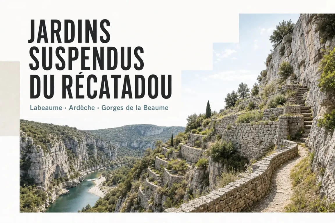 Sentier des jardins suspendus du Récatadou à Labeaume, avec terrasses en pierre sèche sur la falaise au-dessus de la Beaume