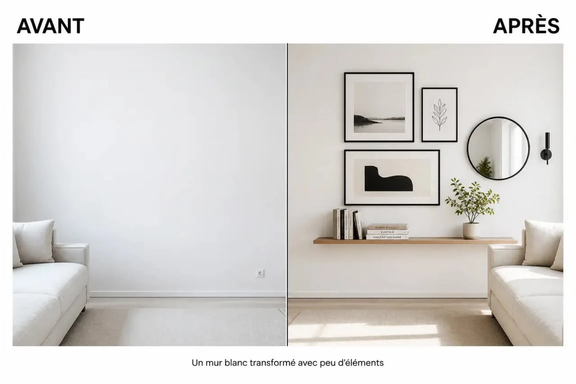 Décorer mur blanc : avant/après d’un mur blanc de salon transformé avec cadres, miroir et étagère
