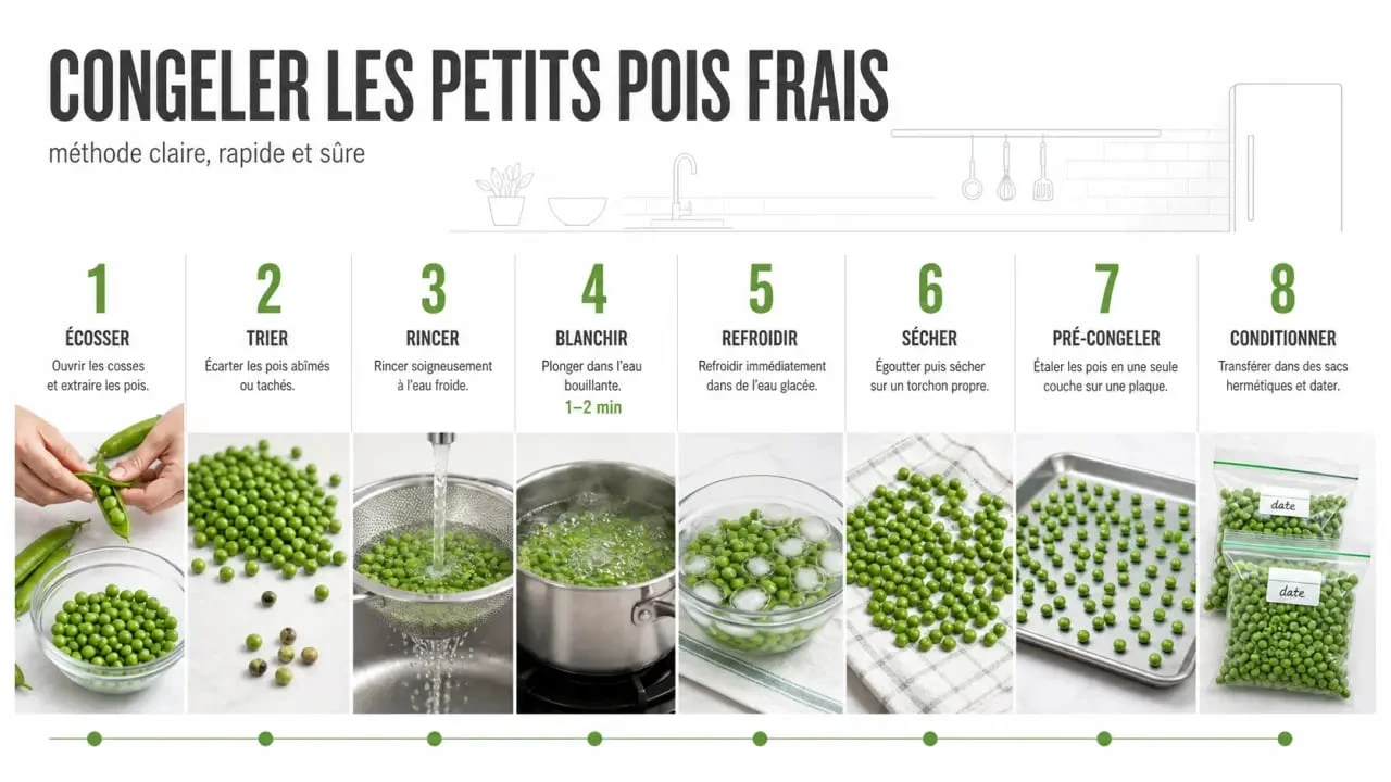 Congeler petit pois frais en 7 étapes, du tri au stockage hermétique au congélateur