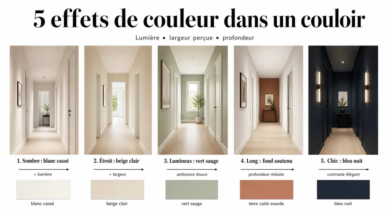 Couleur peinture pour couloir : comparatif visuel des teintes selon un couloir sombre, étroit ou lumineux