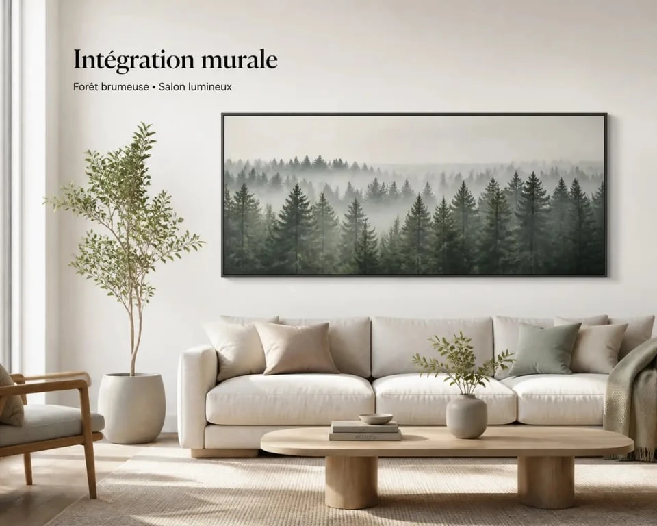 Paysage tableau forêt brumeuse dans un salon lumineux