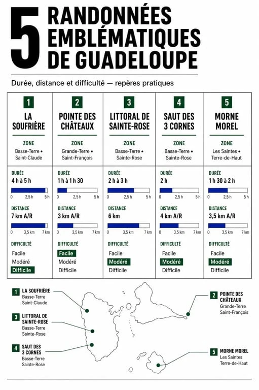 Randonnée en Guadeloupe : infographie des sentiers emblématiques selon durée et niveau