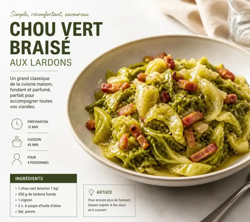 Plat de chou vert braisé aux lardons prêt à être dégusté