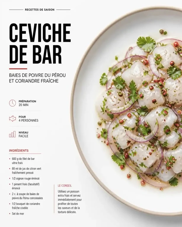 Ceviche de bar au poivre du Pérou dressé dans une assiette