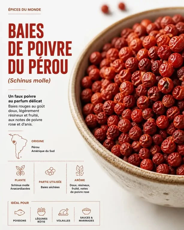 Gros plan sur des baies de poivre du Pérou pour identification botanique