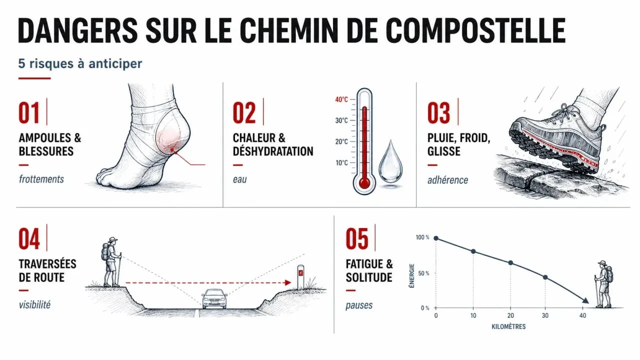 Infographie sur les dangers sur le chemin de compostelle : ampoules, chaleur, pluie, routes et fatigue
