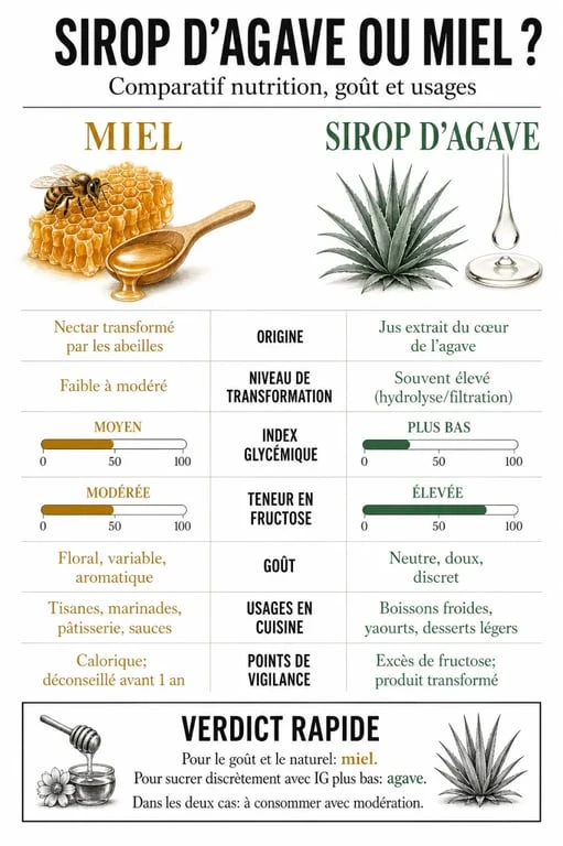 Infographie comparative sirop d agave ou miel : différences de calories, index glycémique, fructose, transformation et usages