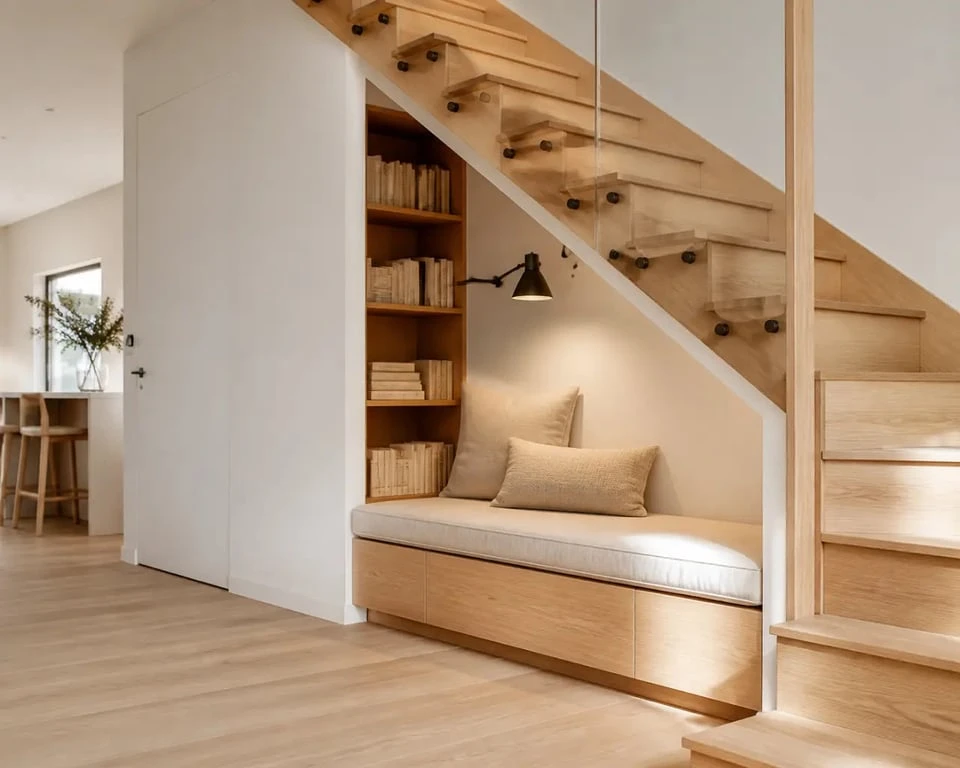 Aménagement sous escalier ouvert en coin lecture cosy avec banquette et éclairage