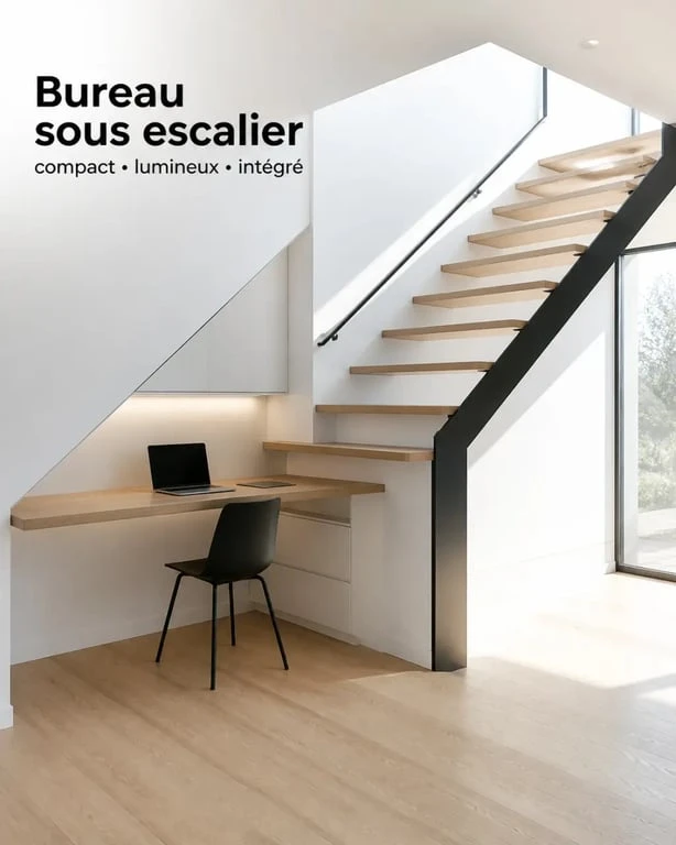 Aménagement sous escalier ouvert en bureau compact avec rangements intégrés