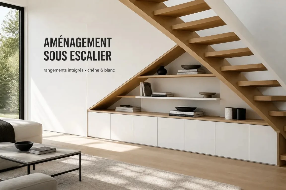Aménagement sous escalier ouvert avec rangements fermés et étagères dans une entrée contemporaine