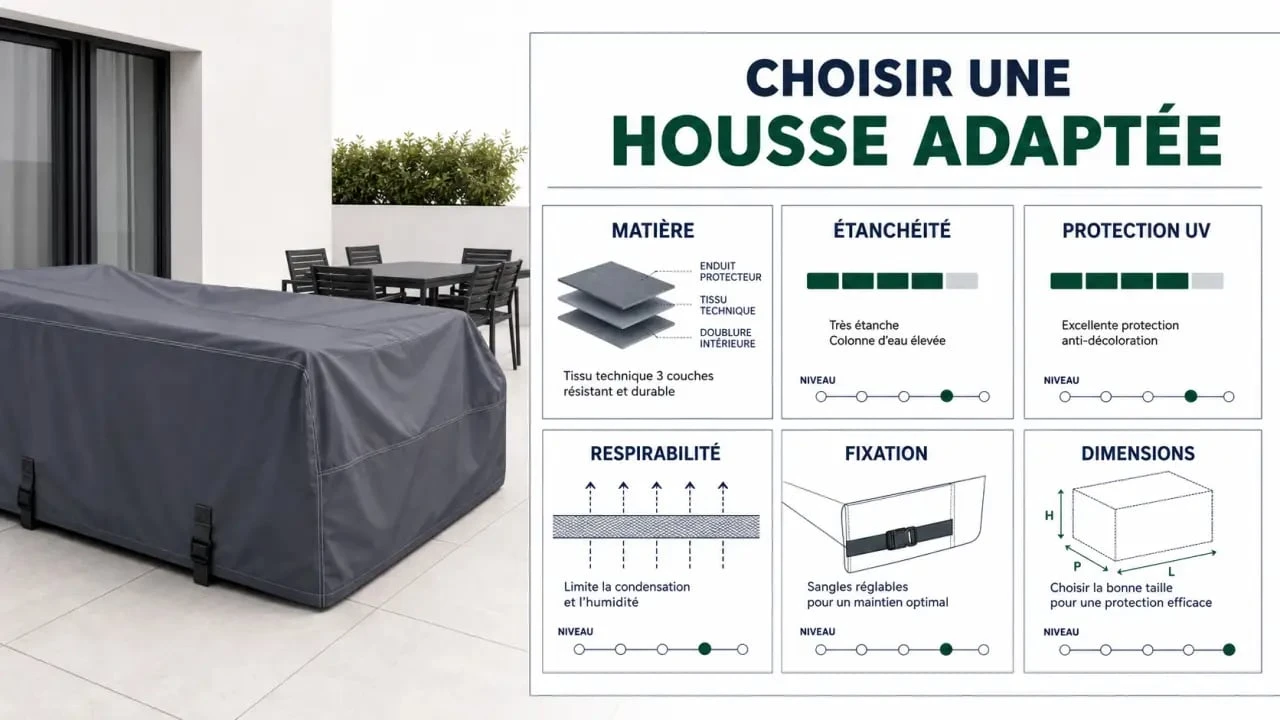 Housse pour mobilier de jardin : illustration comparative des critères de choix comme l’étanchéité, les UV, la matière et les fixations