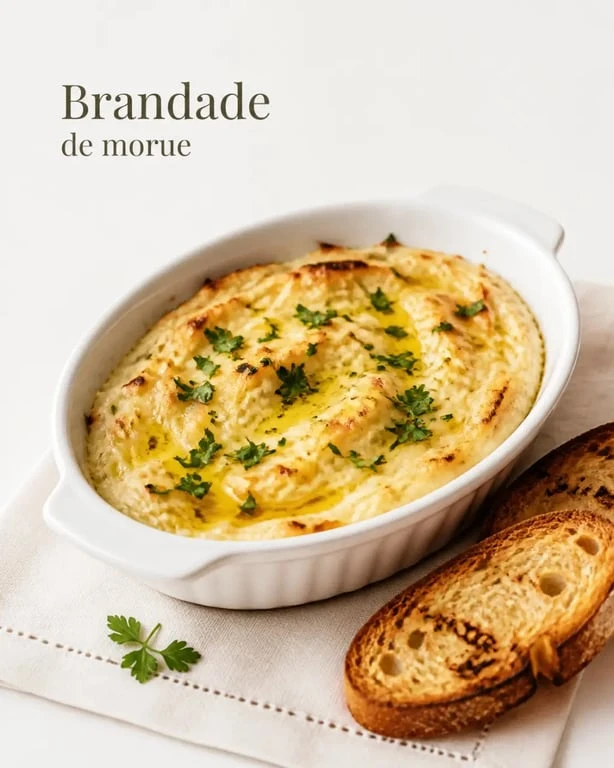 Véritable recette brandade de morue servie dans un plat blanc avec toasts grillés