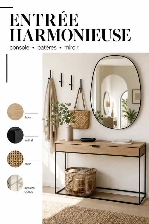 Miroir entree au-dessus d’une console, avec harmonie de formes et de matières
