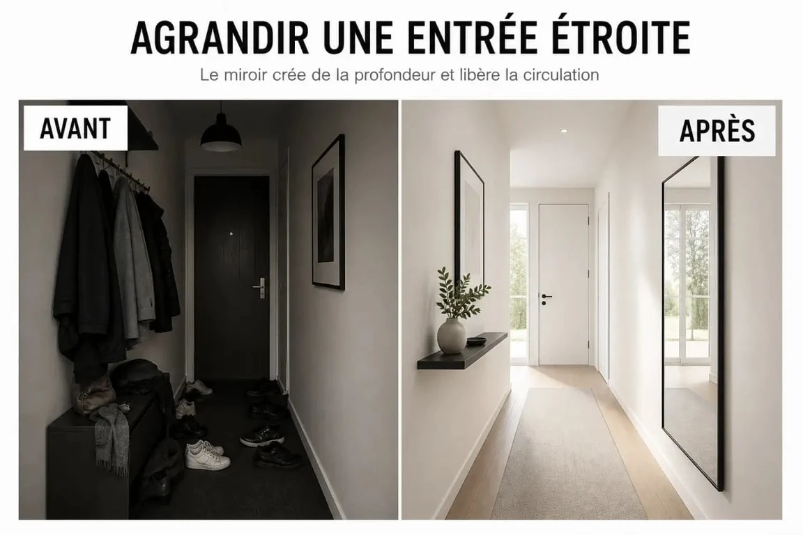 Miroir entree dans une entrée étroite avant et après, avec plus de lumière et de profondeur visuelle