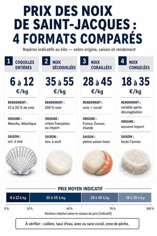 Prix des noix de st jacques : comparaison des formats fraîches, décoquillées, coraillées et congelées