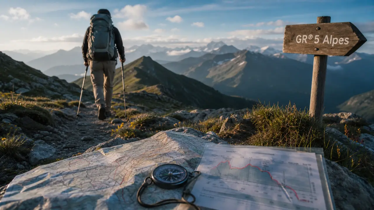 GR 5 Alpes : carte et boussole sur une crête alpine