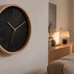 Horloges design : horloge murale en bois clair et cadran noir, grand diamètre
