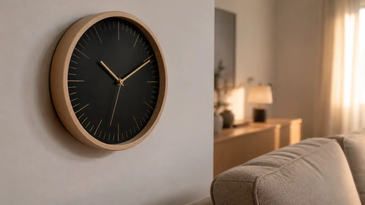 Horloges design : horloge murale en bois clair et cadran noir, grand diamètre