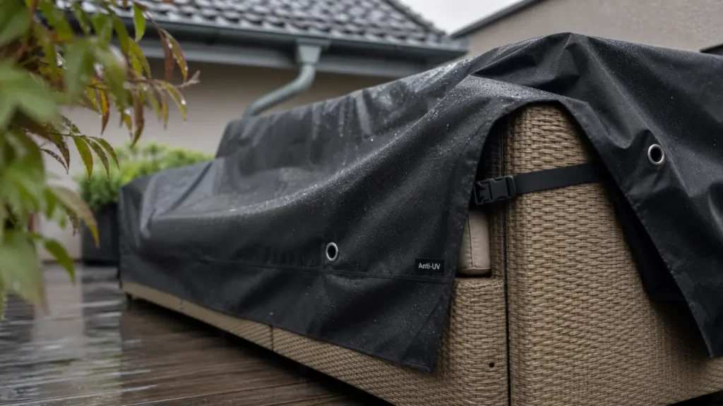 Housse pour mobilier de jardin 600D noire, fixations et taille ajustée, anti-UV