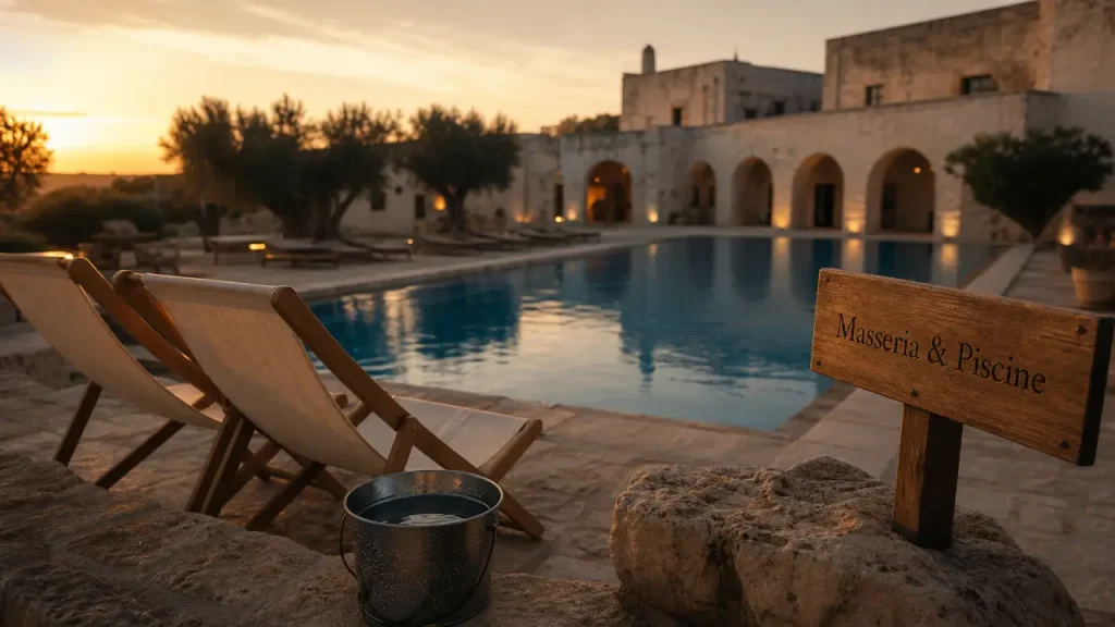 Masseria pouilles avec piscine, vue golden hour