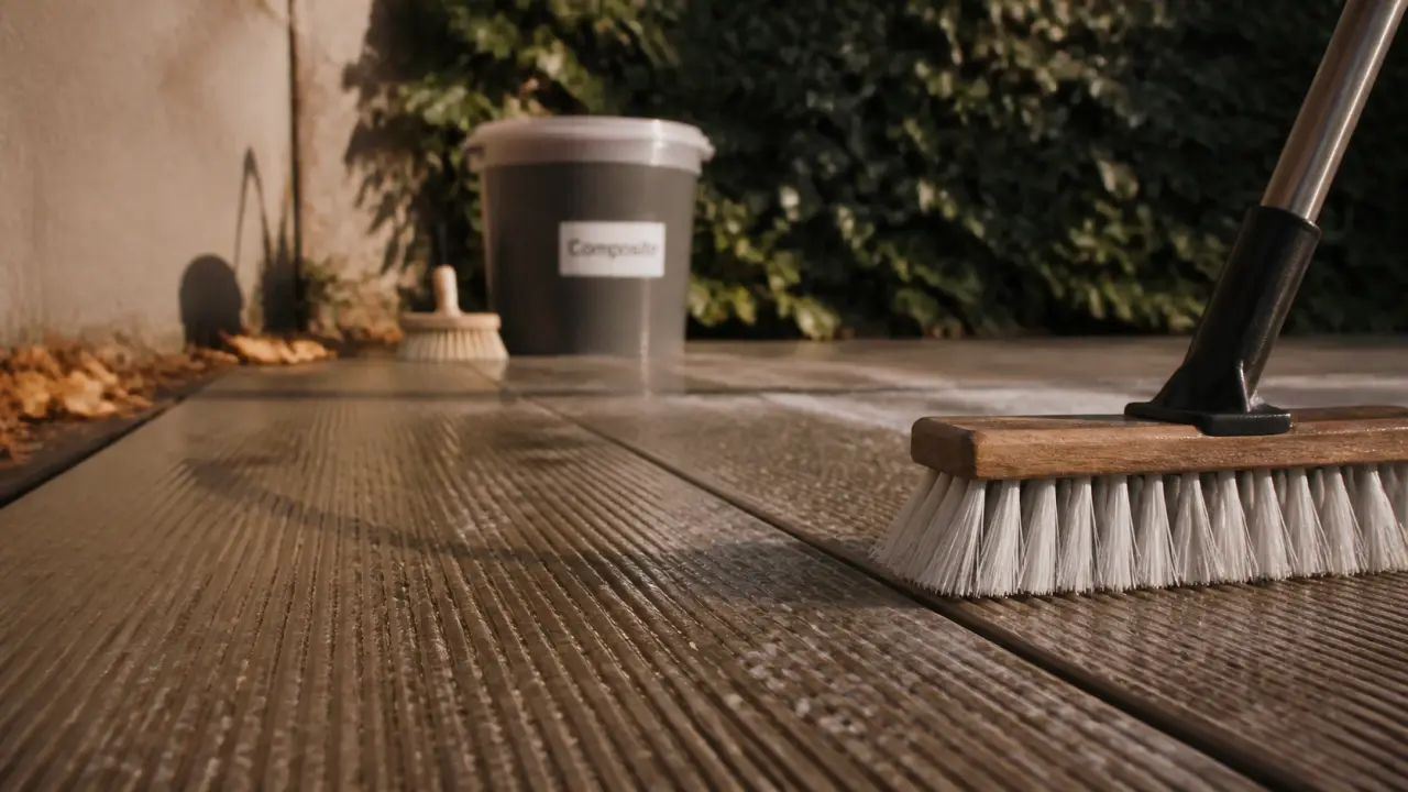 Nettoyer terrasse en composite : brosse douce et eau savonneuse sur lame composite humide