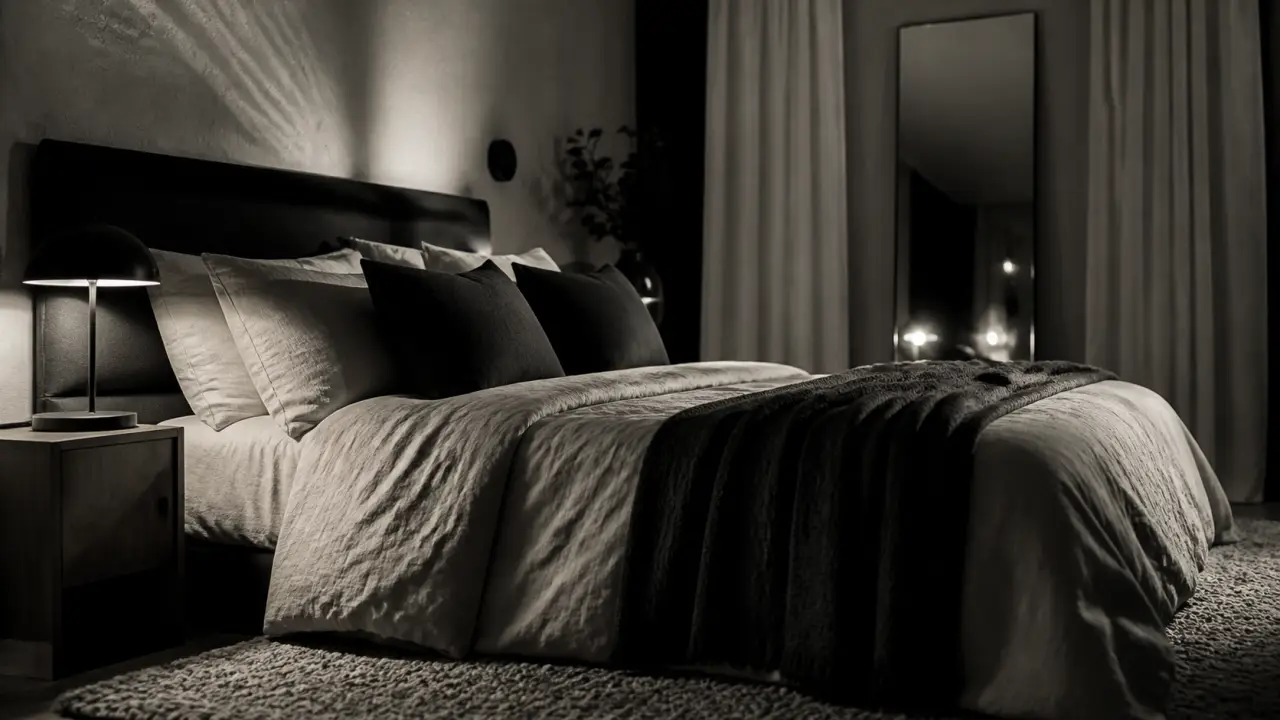 Noir et blanc chambre chaleureuse : lit lin, lampe noire, rideaux écrus