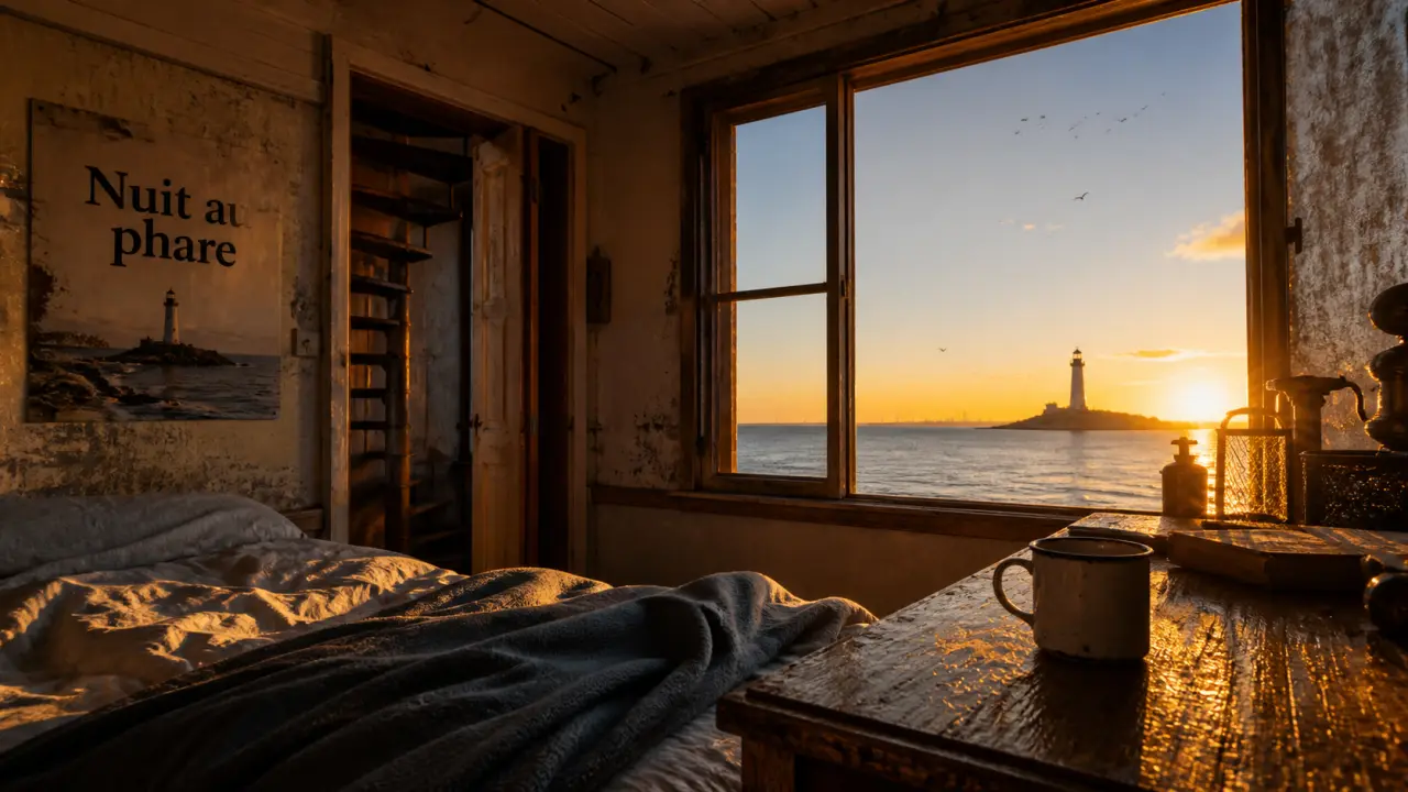 Nuit dans un phare : chambre du gardien avec vue mer, fenêtre au premier plan