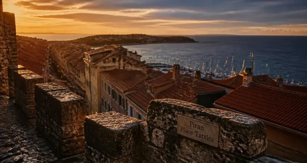 Panorama piran slovenie depuis les remparts au coucher du soleil