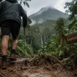 Randonnee en guadeloupe : randonneur sur sentier volcan en Basse-Terre