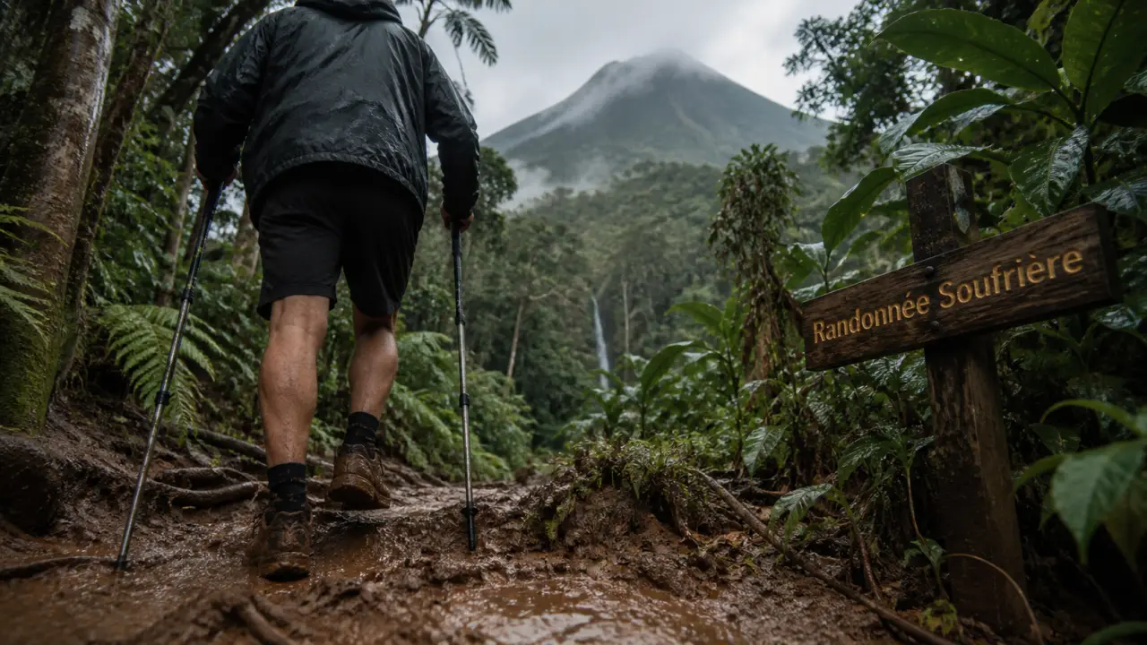 Randonnee en guadeloupe : randonneur sur sentier volcan en Basse-Terre