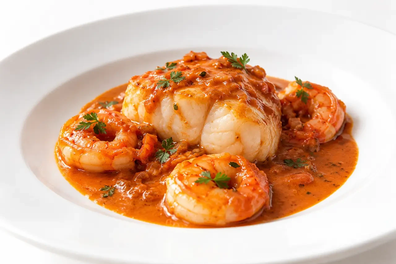 Sauce armoricaine recette servie avec lotte et crevettes