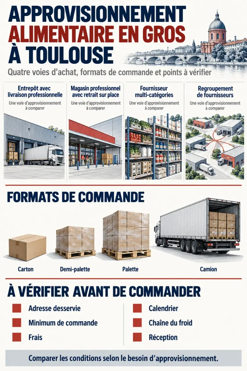 Infographie sur le grossiste Toulouse alimentaire, les formats de commande et les points à vérifier avant livraison