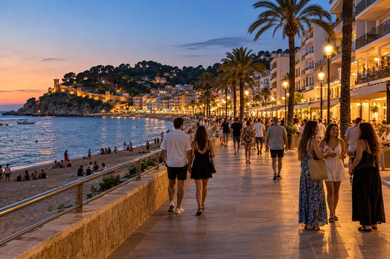 Lloret del Mar dangereux : promenade touristique et plage de Lloret de Mar en début de soirée