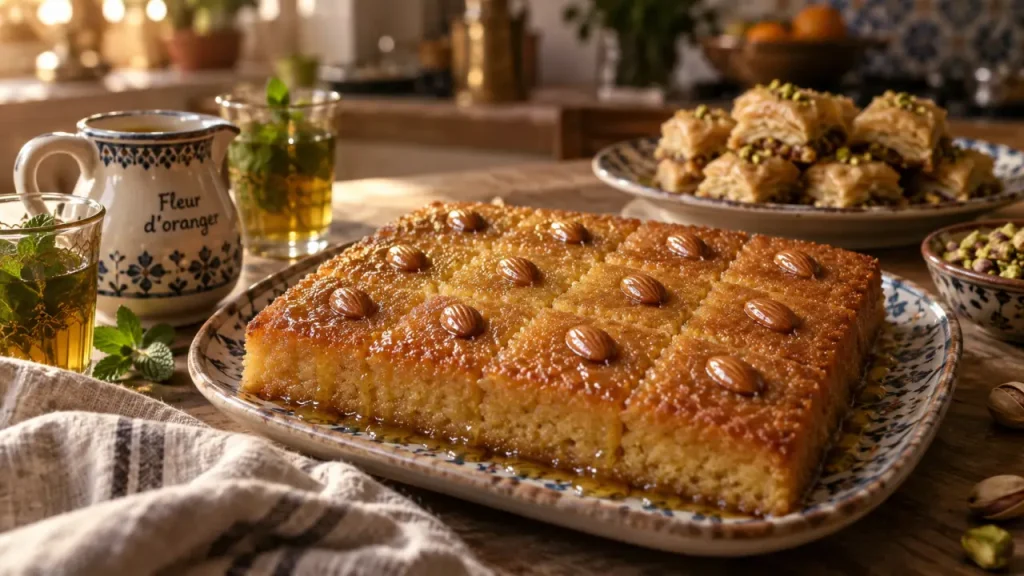 Gâteau oriental basboussa dorée aux amandes et sirop