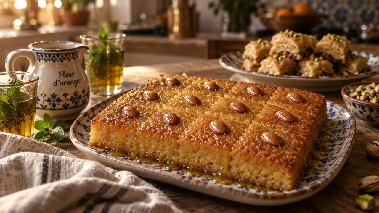 Gâteau oriental basboussa dorée aux amandes et sirop