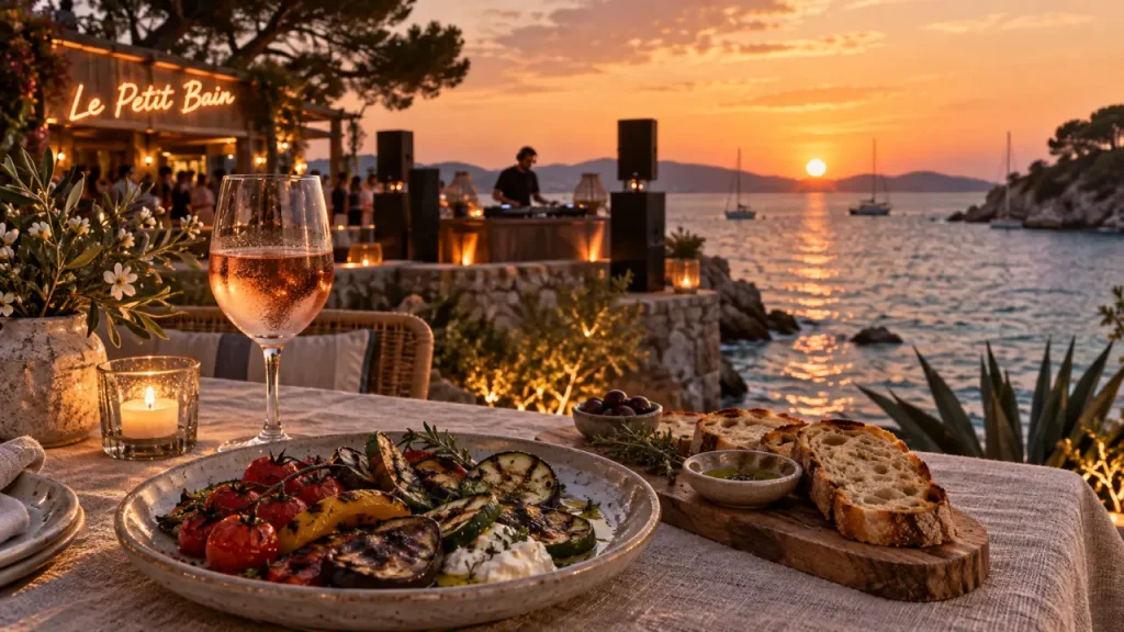 Le petit bain - restaurant festif Hyères : terrasse bord de mer au coucher de soleil