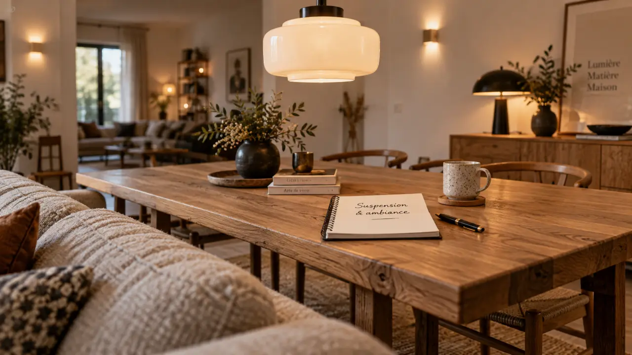 Luminaire design : suspension verre opalin diffuse une lumière douce au salon