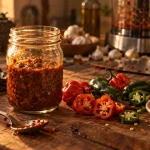 Purée de piment maison : bocal avec piments frais et cuillère