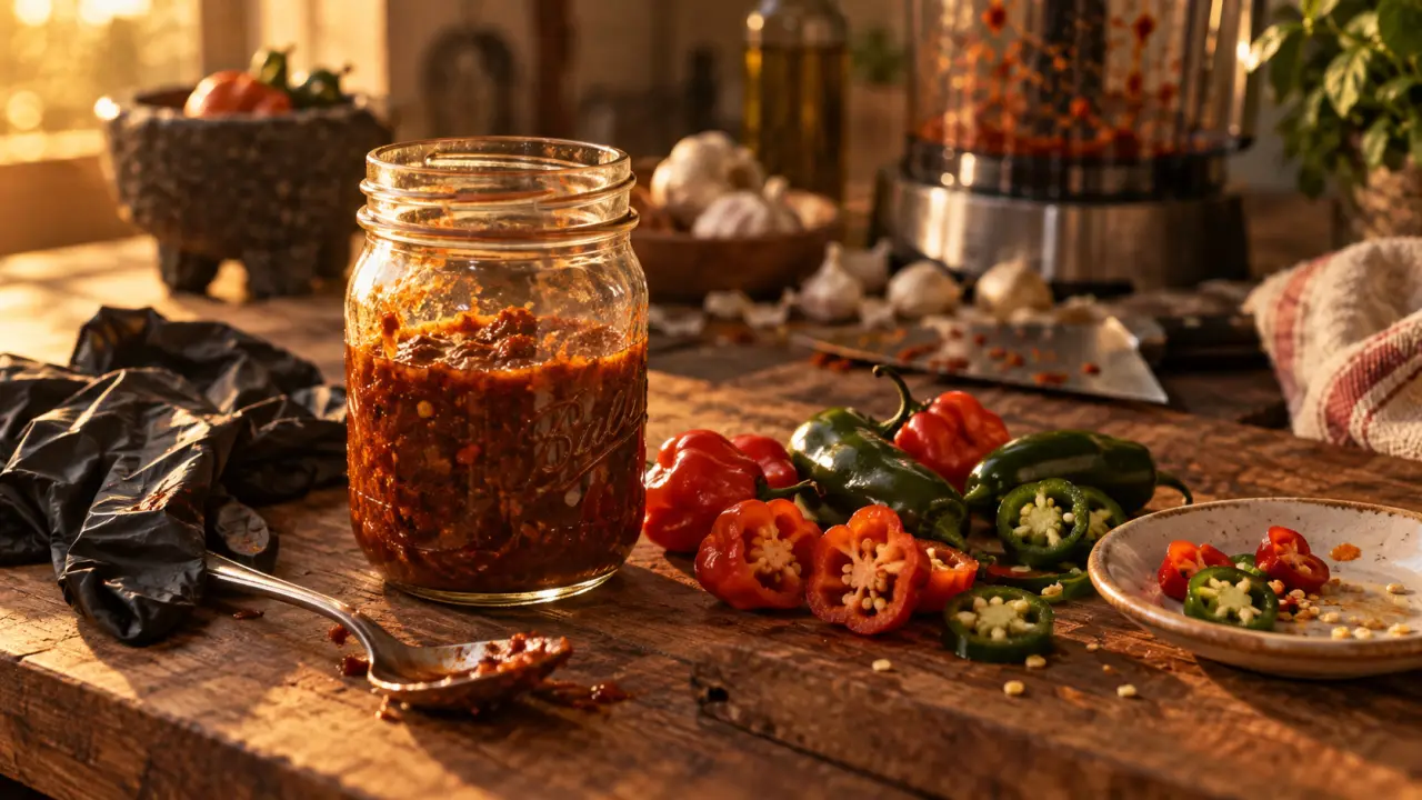 Purée de piment maison : bocal avec piments frais et cuillère