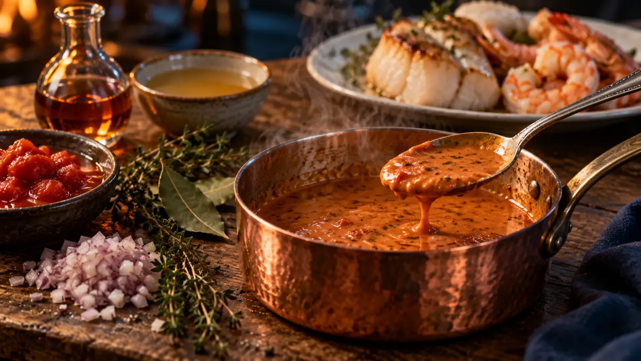 Sauce armoricaine recette au cognac, sauce rouge-orangée nappante