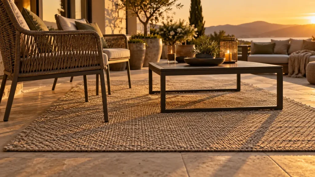 Tapis d'exterieur sur terrasse en pierre, bords visibles autour de la table